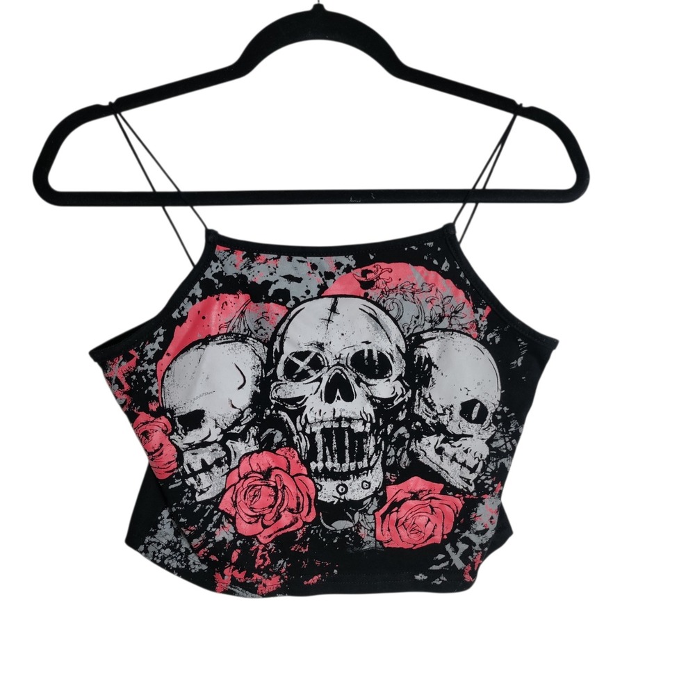 Romwe Womens Skull Rose Graphic Cami Top Black Pink Gothic Crop Tank Medium